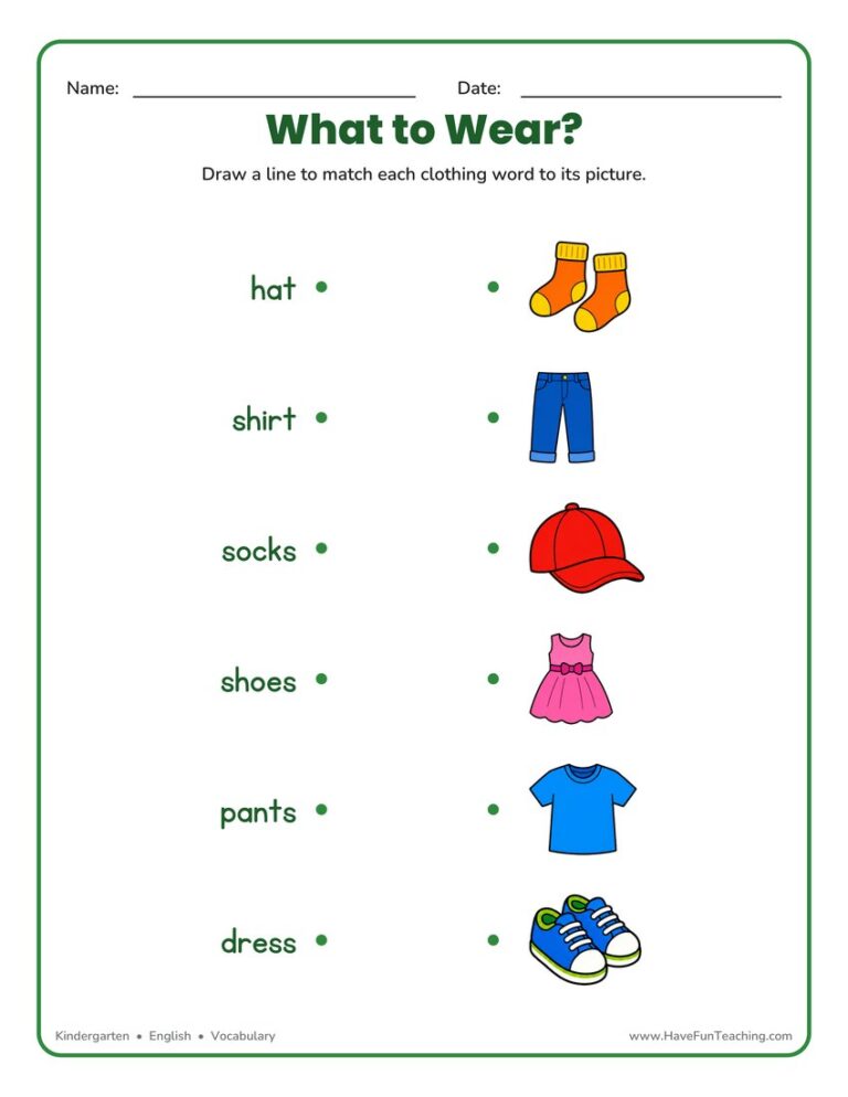 Matching Clothing Worksheet