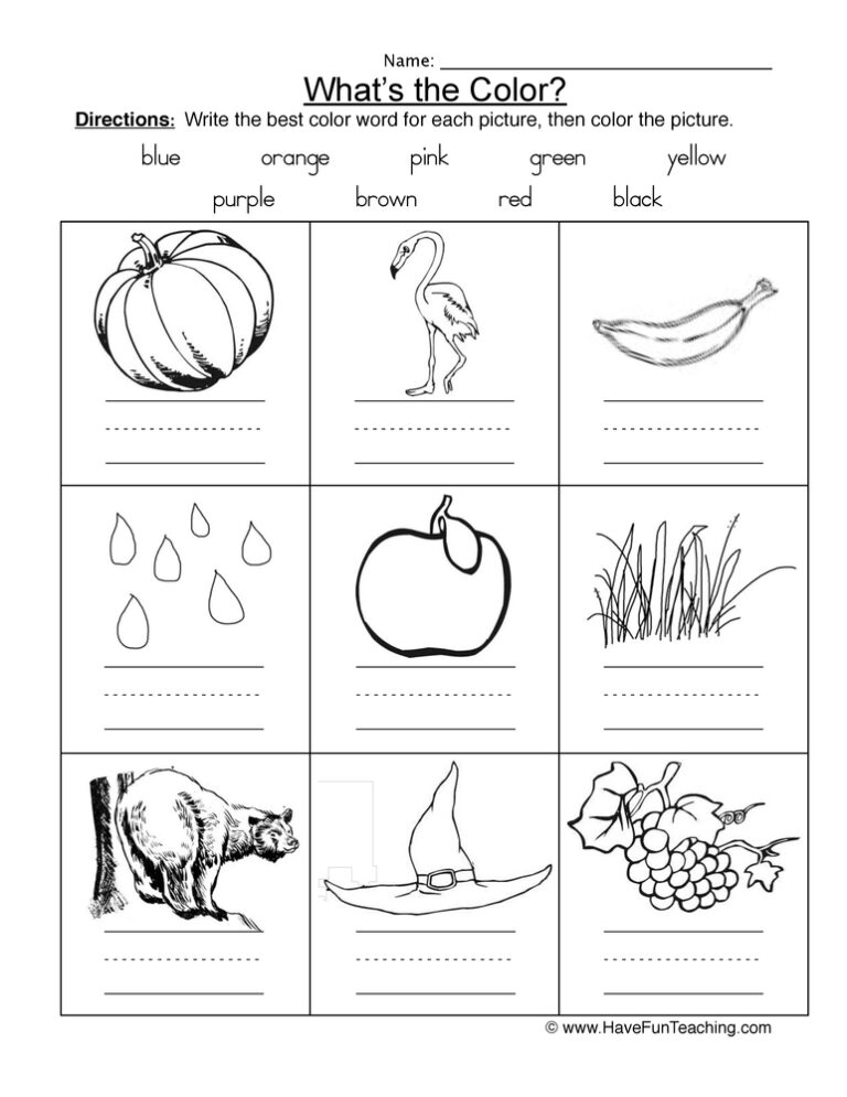 Black and White Pictures Color Names Worksheet