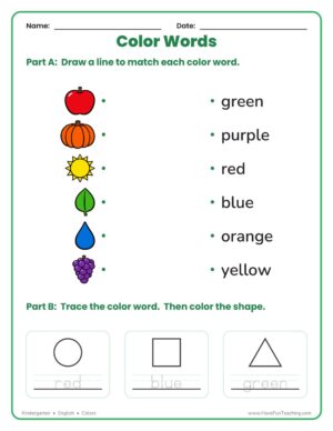 Kindergarten color words matching worksheet
