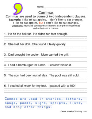 Independent Clauses Comma Worksheet