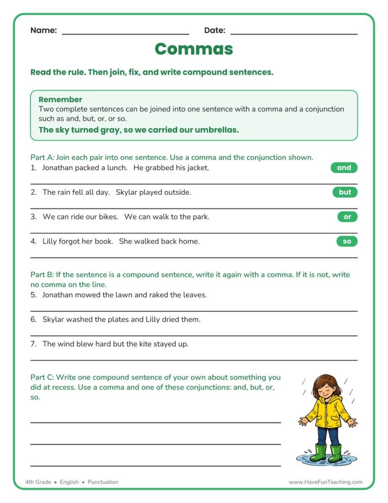 Independent Clauses Comma Worksheet