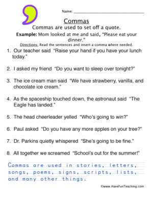 Comma with Quotes Worksheet
