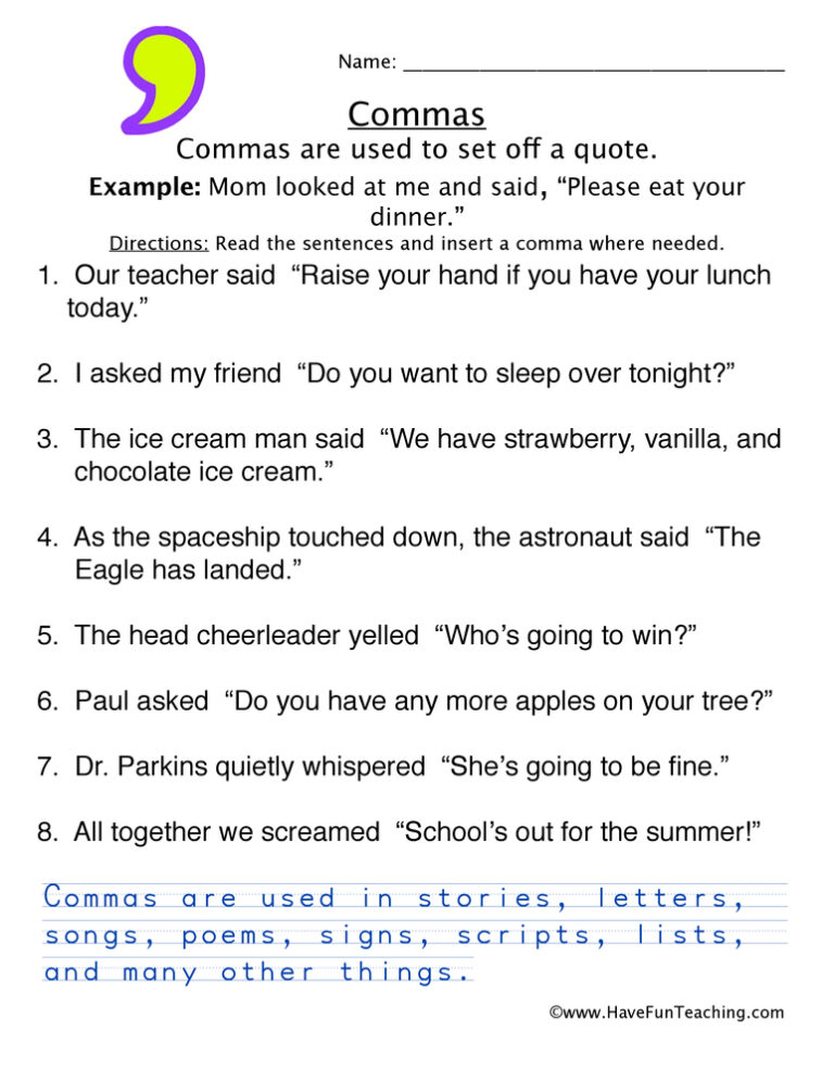 Comma with Quotes Worksheet