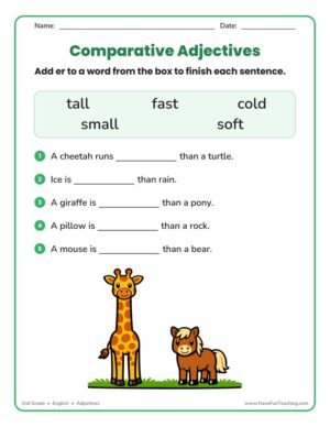 2nd Grade comparing adjectives worksheet with fill in the blank sentences using er words