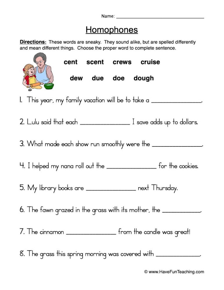 Completing Sentences using Homophones Worksheet