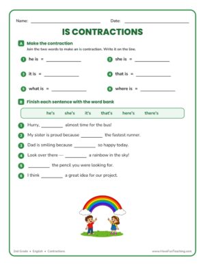 2nd grade Is Contractions Worksheet with is contractions like he's, she's, and it's