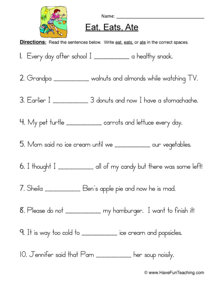 Eat Eats Ate Fill in Blank Worksheet