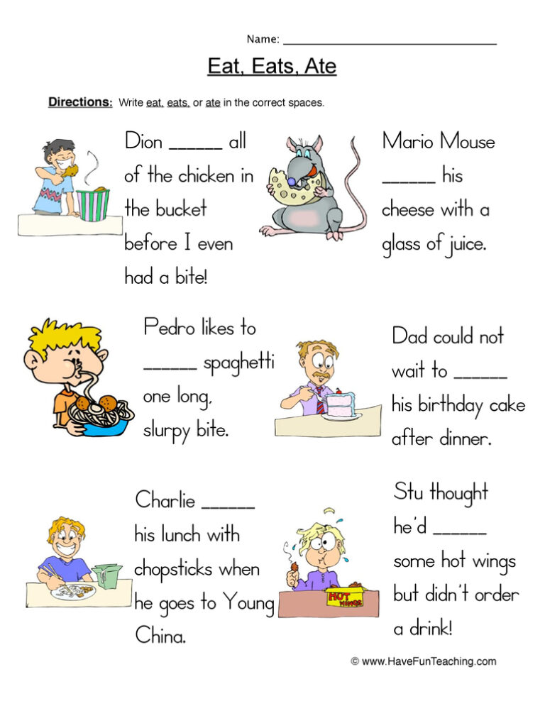 Eat Eats Ate Fill in the Blanks Worksheet