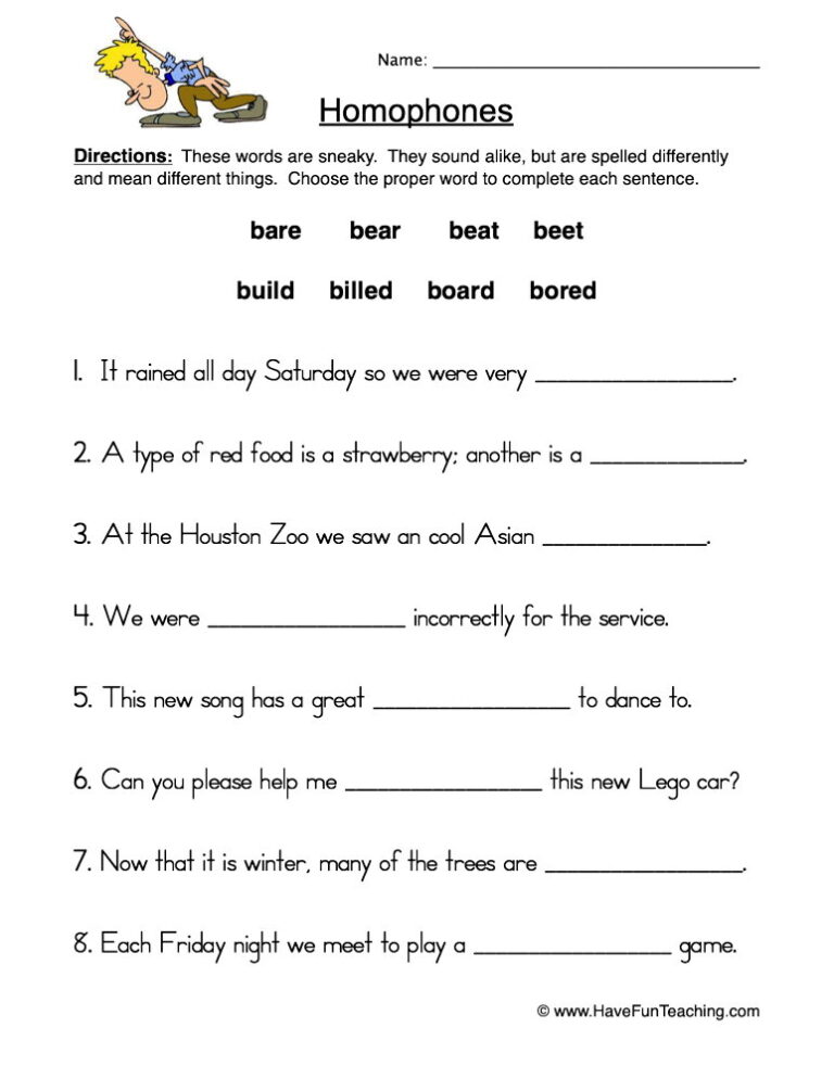 Fill in the Blank Homophones Worksheet