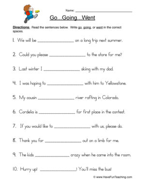 Go Going Went Fill in the Blank Worksheet