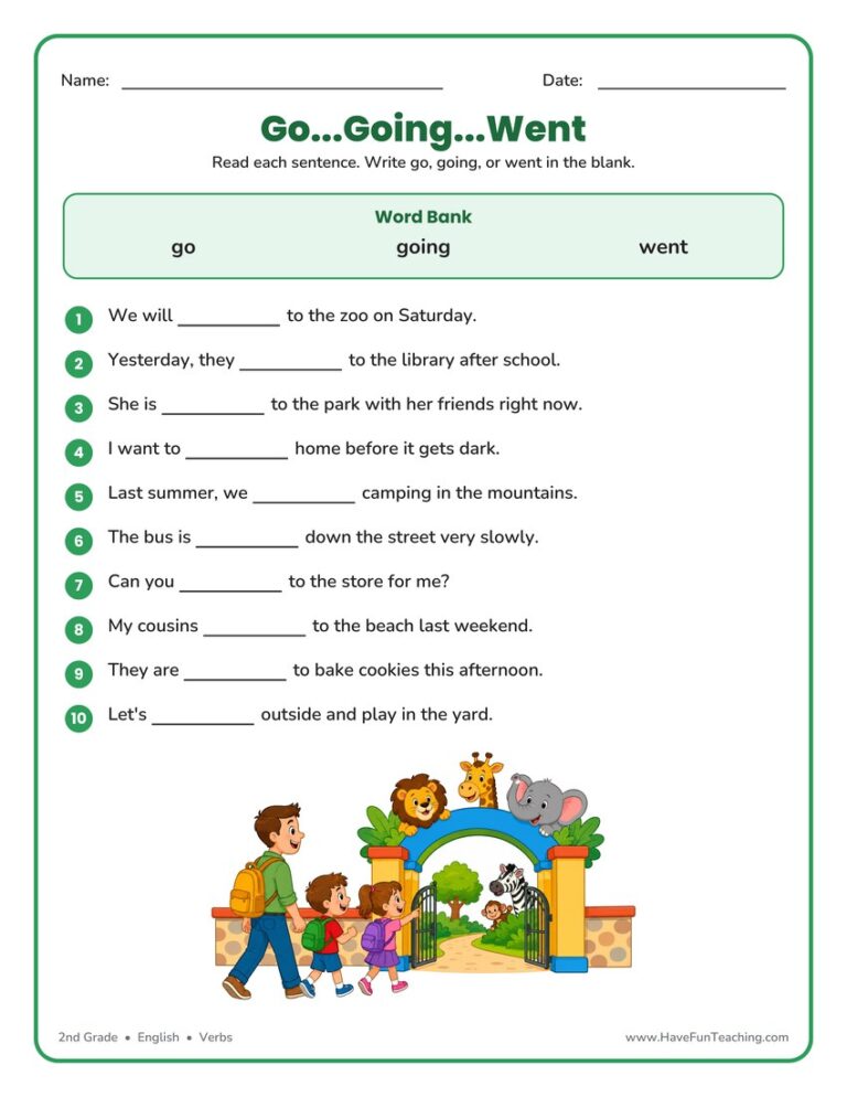 Go Going Went Fill in the Blank Worksheet