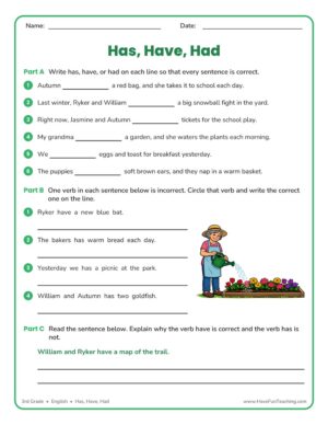 3rd Grade Verbs Has Have Had Fill in the Blank Worksheet