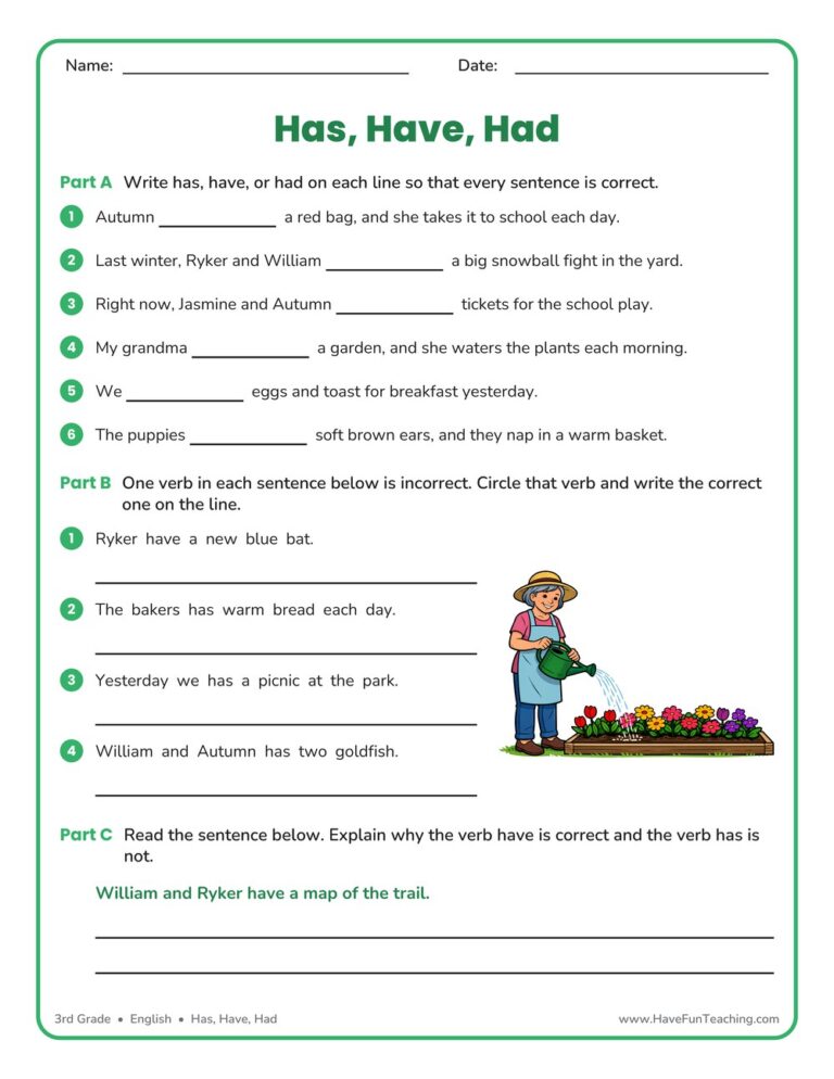 Has Have Had Fill in the Blank Worksheet