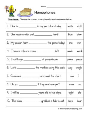 Homophones Worksheet
