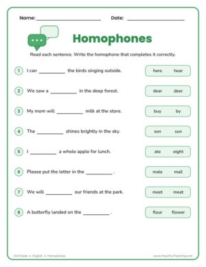2nd grade homophones worksheet