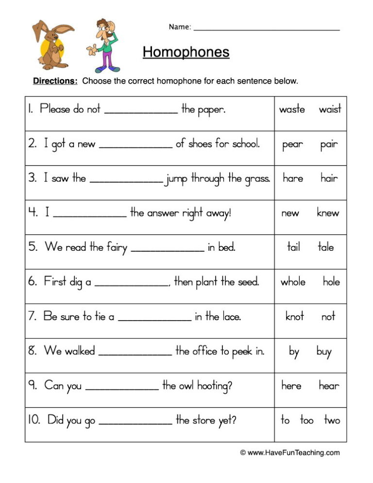 Choosing Homophones Worksheet