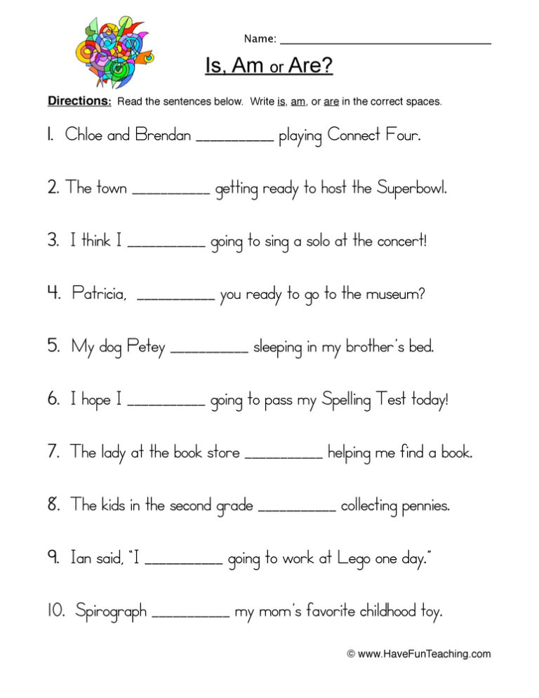 Is Am Are Fill in Blank Worksheet
