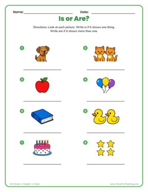 Is or Are Pictures Worksheet for 2nd Grade English verbs, is and are with pictures