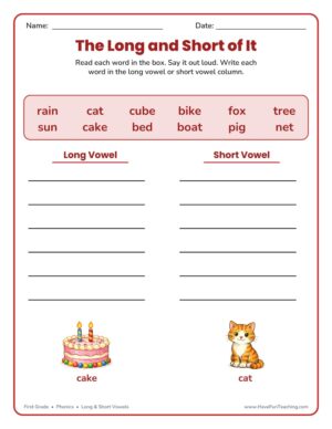 1st grade long and short vowels sorting worksheet