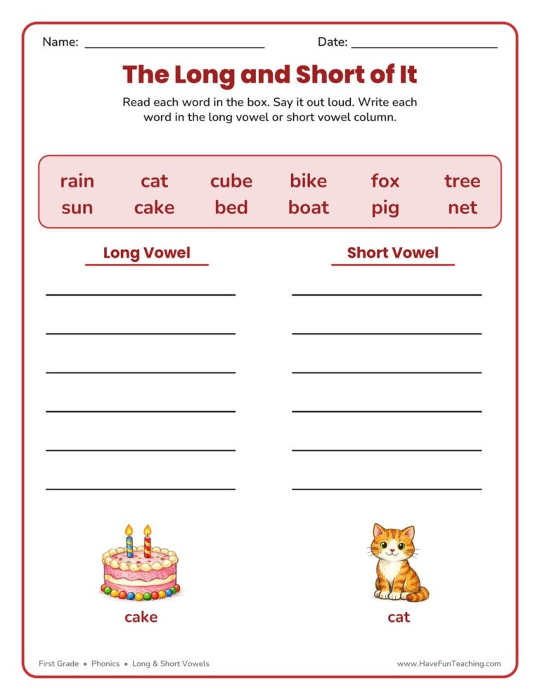 Long Short Vowels Sorting Worksheet