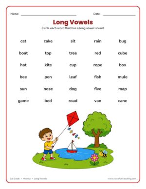 Long Vowels Circling Worksheet for 1st grade phonics: students circle each word that has a long vowel sound.