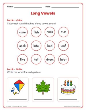 1st Grade long vowels coloring worksheet
