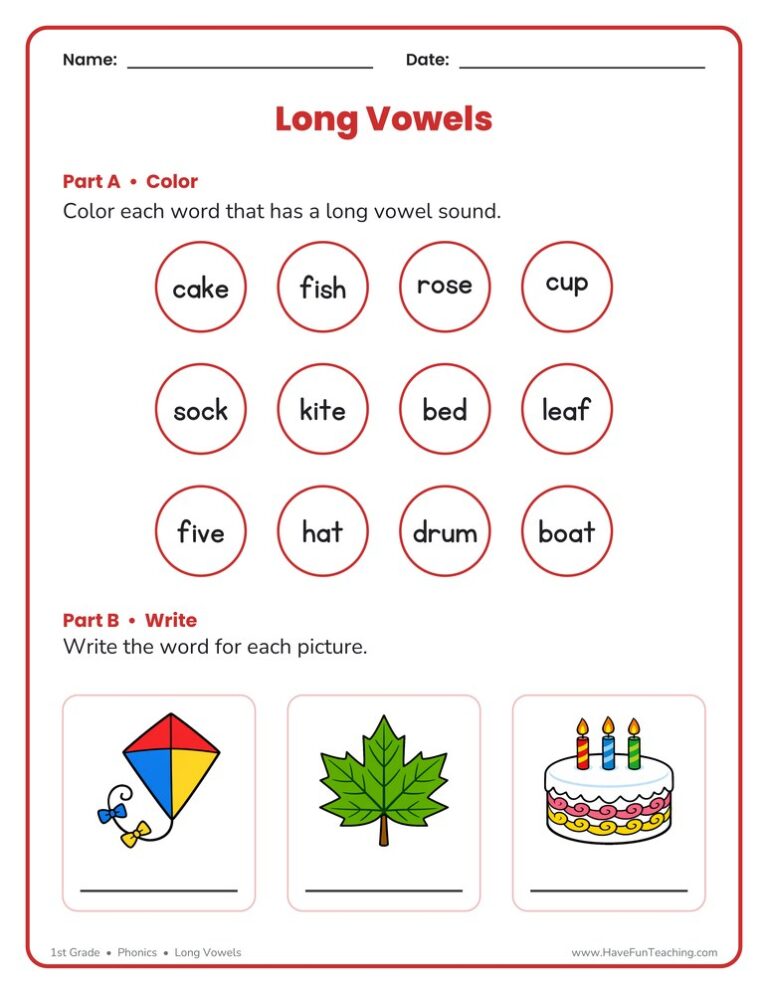 Long Vowels Coloring Worksheet