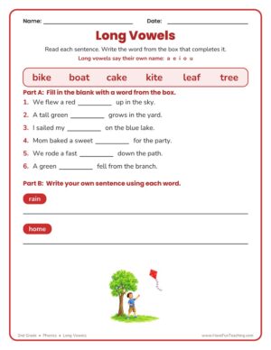 2nd grade long vowels sentences phonics worksheet