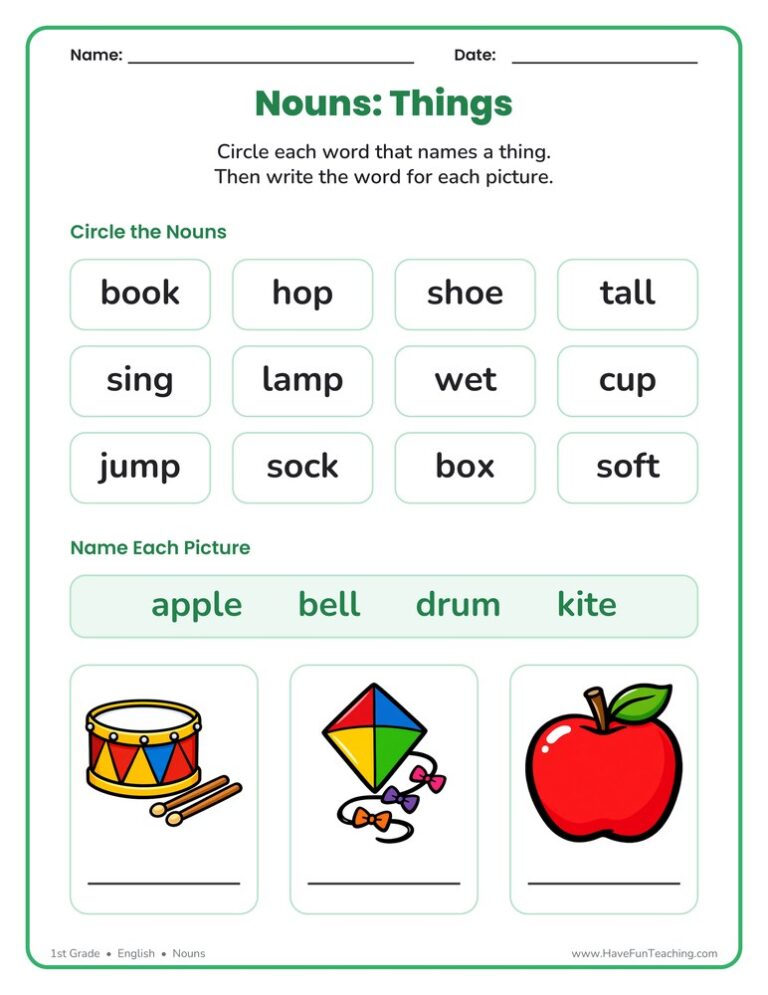 Identifying Nouns Worksheet