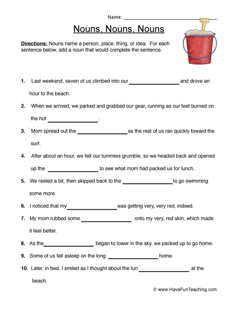 Nouns Fill in the Blanks Worksheet