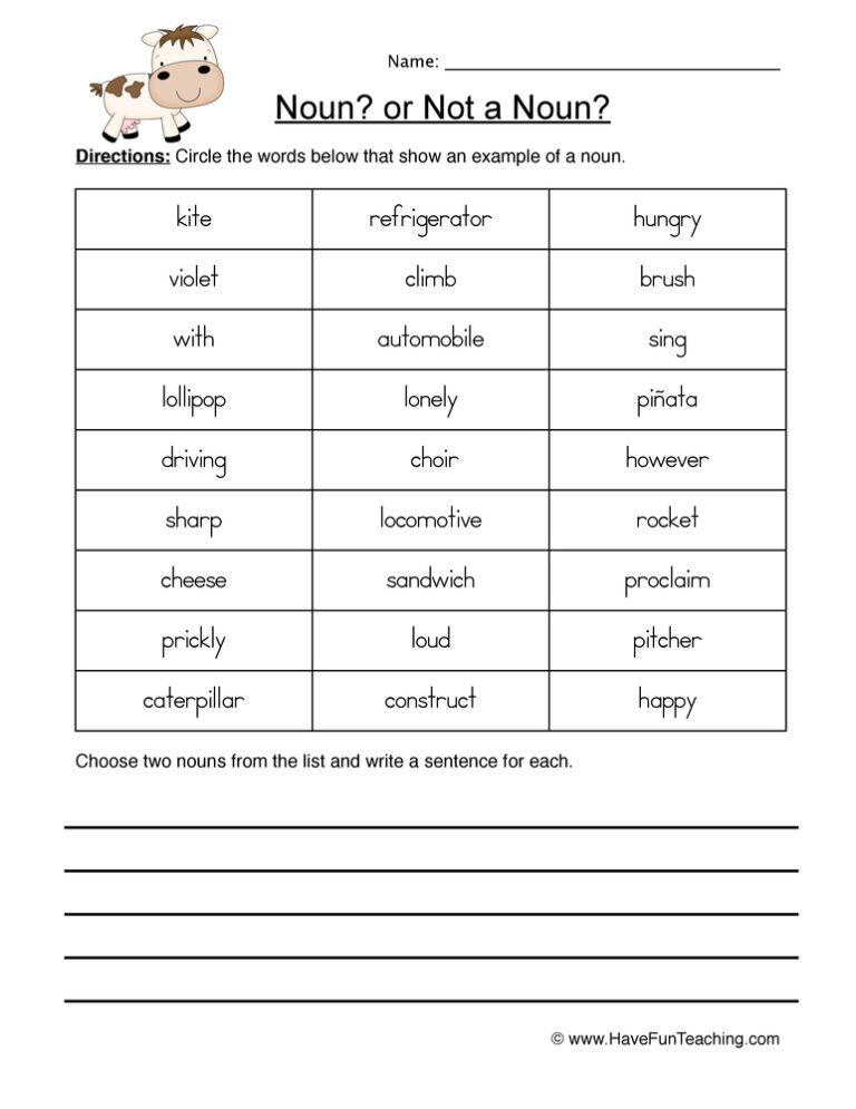 Nouns Identification Worksheet