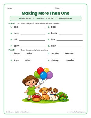 2nd grade plural nouns worksheet for making nouns plural with s, es, and ies