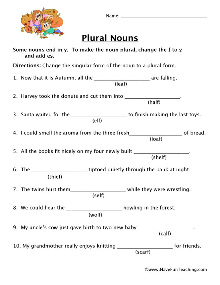 F V Plurals Worksheet