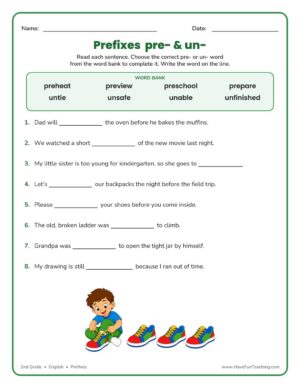 2nd grade prefixes worksheet using pre- and un- to complete sentences