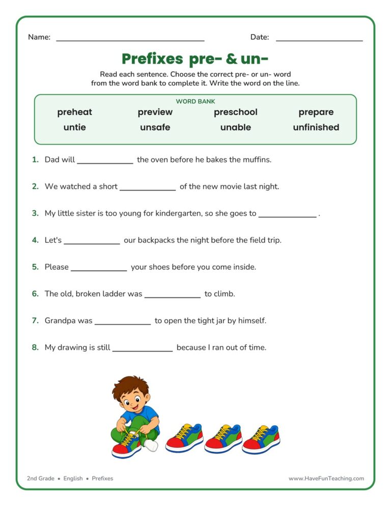Pre- and Un- Prefixes Worksheet