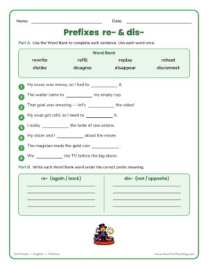 Re- and Dis- Prefixes Worksheet for 2nd grade English