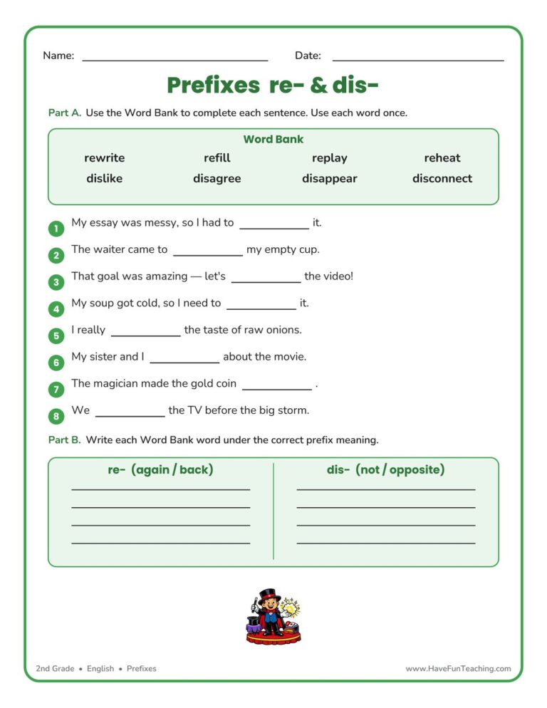Re- and Dis- Prefixes Worksheet