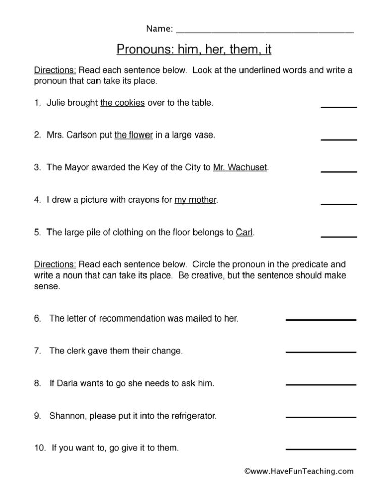 Him Her Them It Pronoun Worksheet