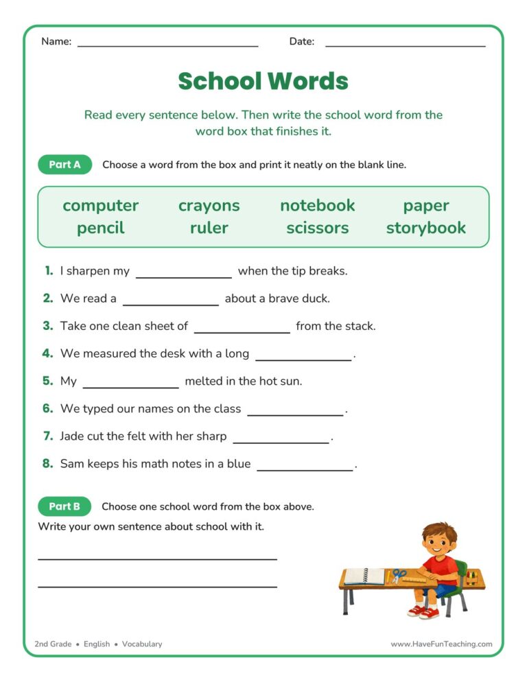 School Words Fill in the Blank Worksheet