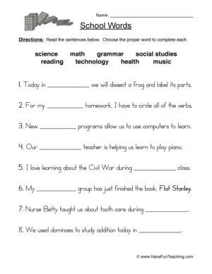 School Words Worksheet