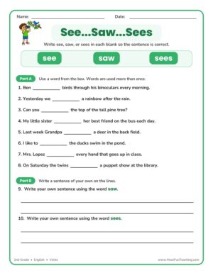 2nd Grade Verbs worksheet - See, Saw, Sees fill in the blank practice