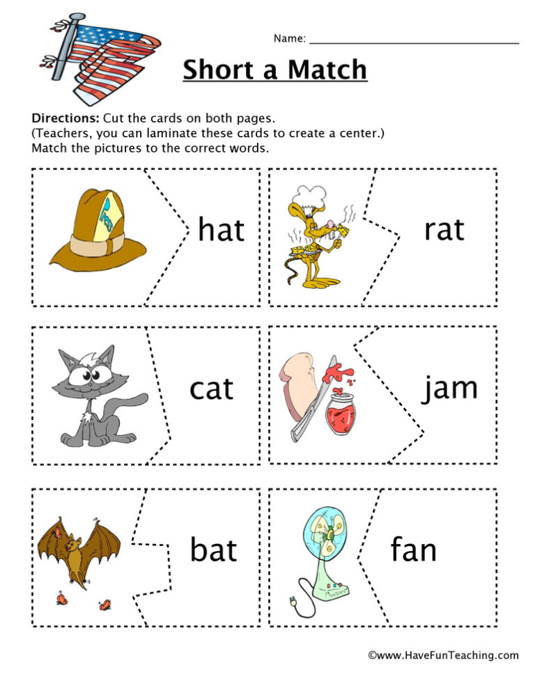 Short A Matching Game Worksheet