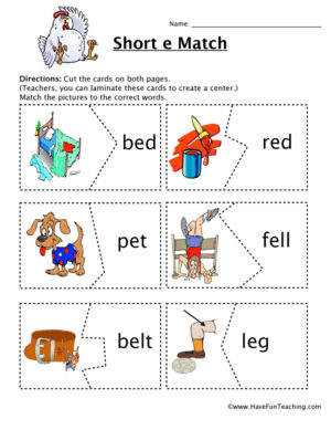 Short E Matching Game Worksheet