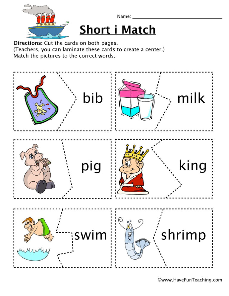 Short I Matching Game Worksheet