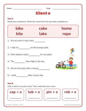 1st Grade silent e fill in the blank worksheet with a CVCe word bank