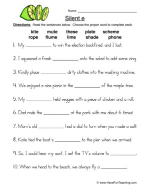 Silent E Fill in the Blank Worksheet