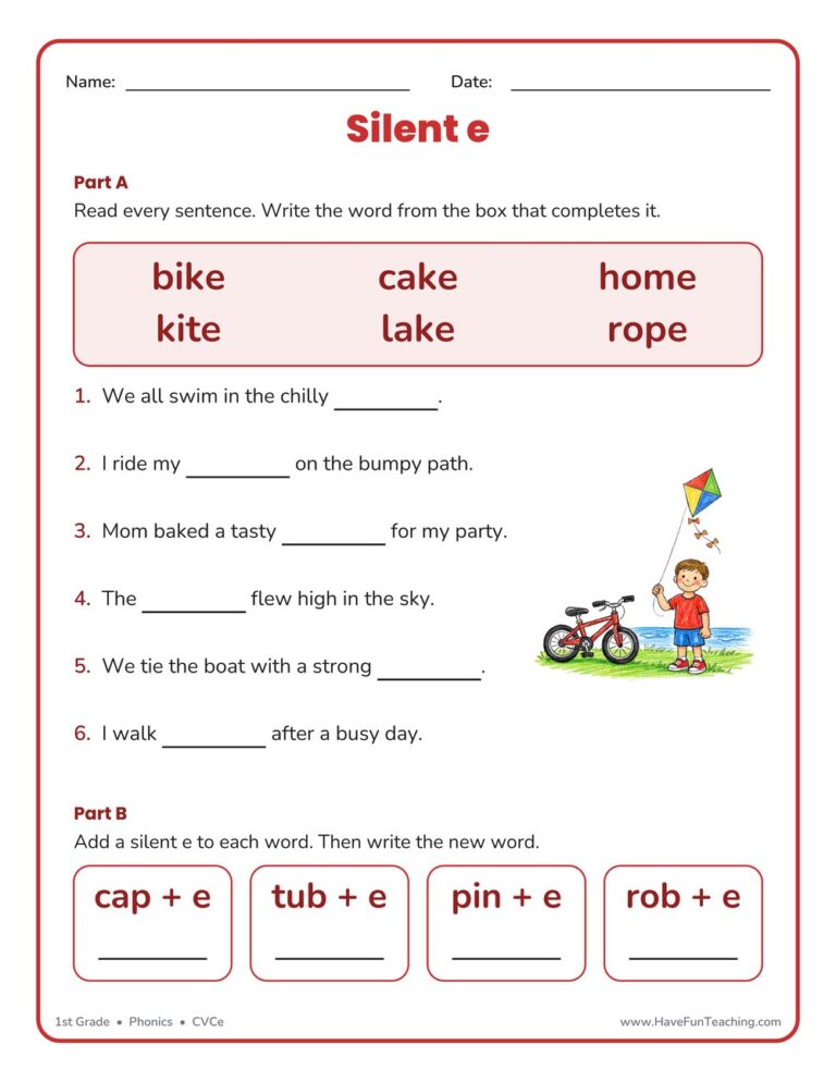 Silent E Fill in the Blank Worksheet