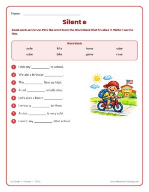 Silent e fill in the blanks worksheet for 1st grade phonics CVCe practice