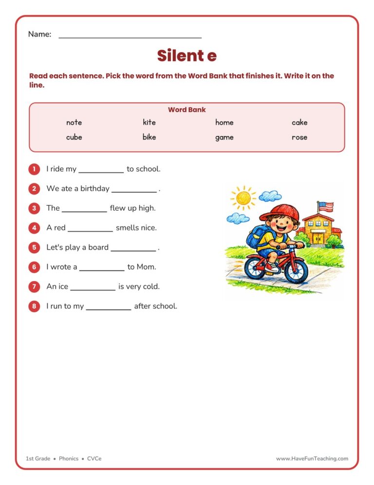 Silent E Fill in the Blanks Worksheet