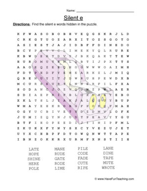 Silent E Word Search Worksheet